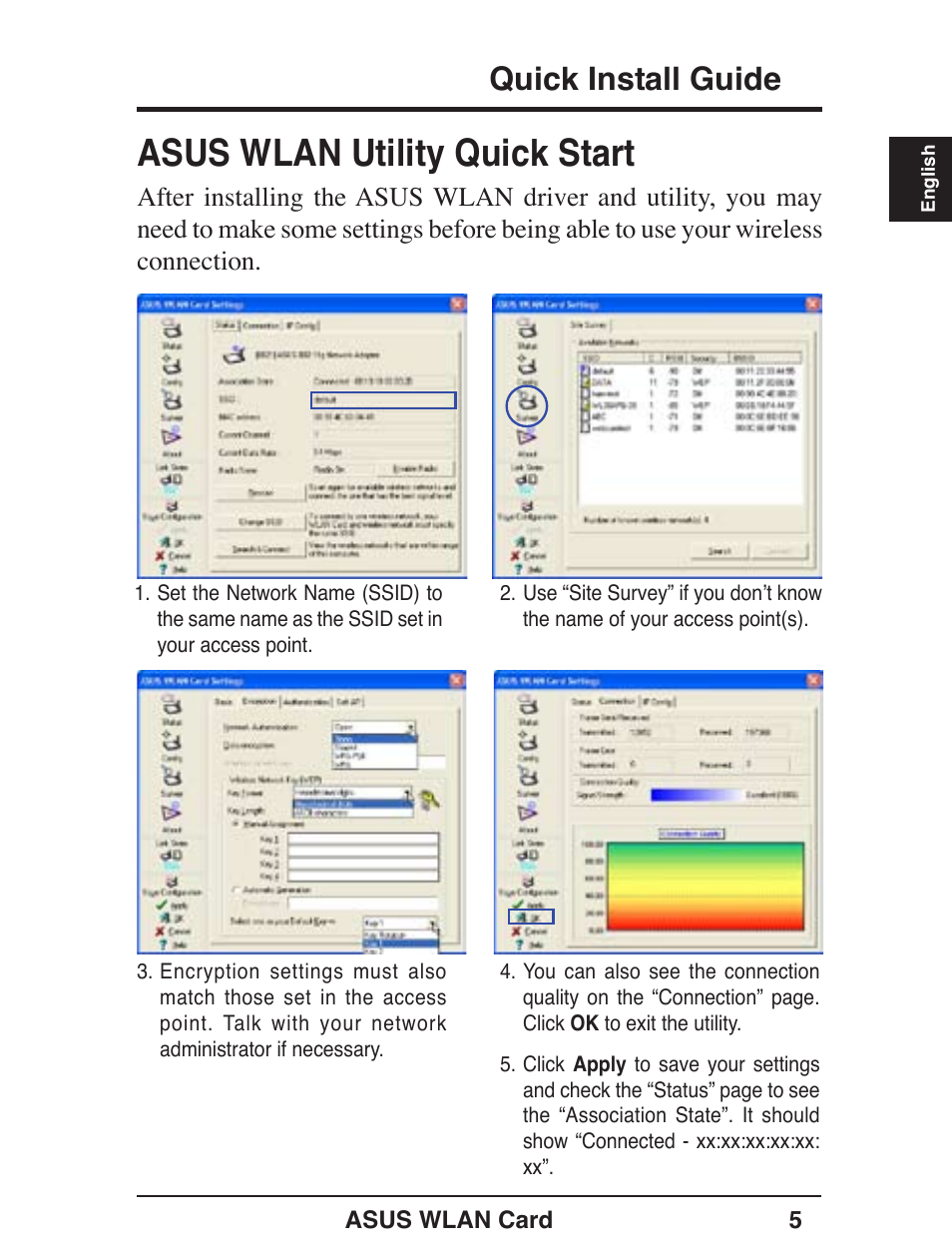 Asus wlan utility quick start, Quick install guide | Asus WL-138g v2 User Manual | Page 6 / 61