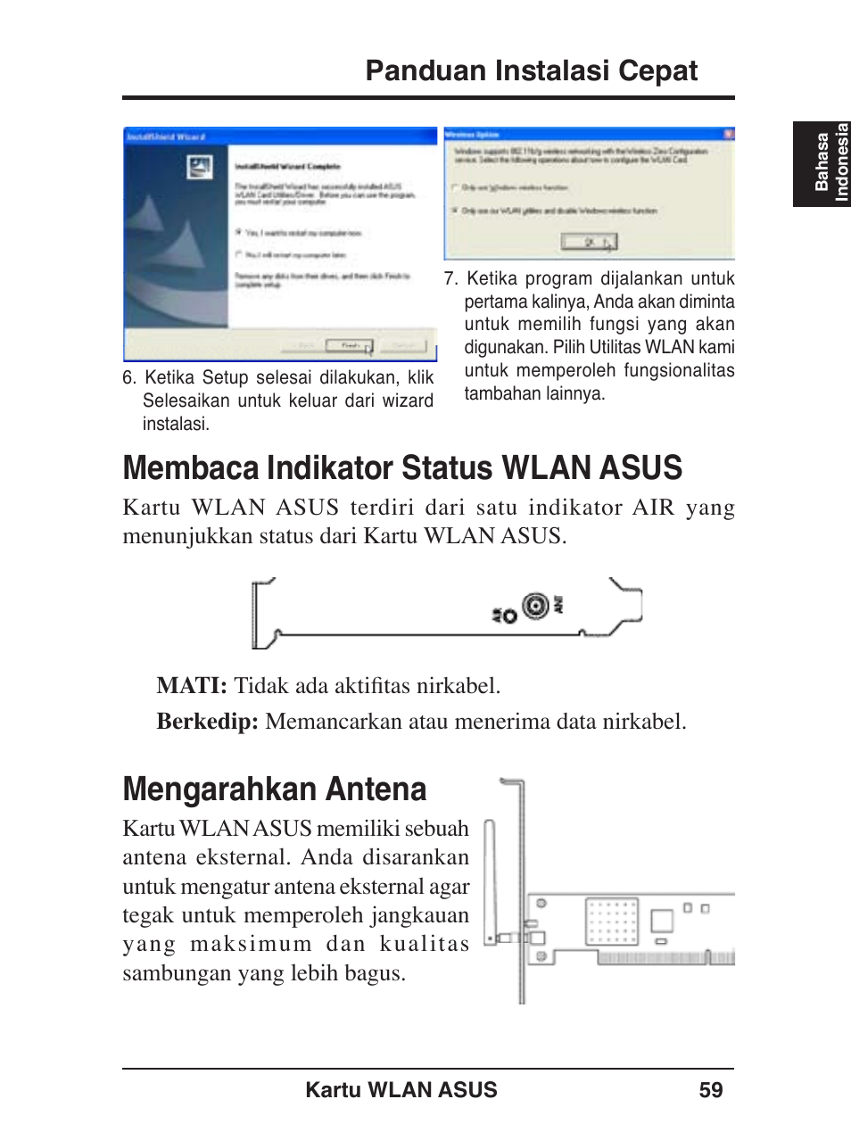 Membaca indikator status wlan asus, Mengarahkan antena, Panduan instalasi cepat | Asus WL-138g v2 User Manual | Page 60 / 61