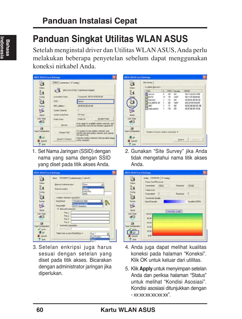 Panduan singkat utilitas wlan asus, Panduan instalasi cepat | Asus WL-138g v2 User Manual | Page 61 / 61