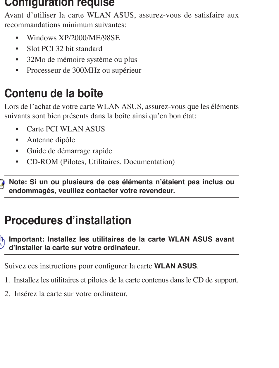 Configuration requise, Contenu de la boîte, Procedures d’installation | Asus WL-138g v2 User Manual | Page 8 / 61