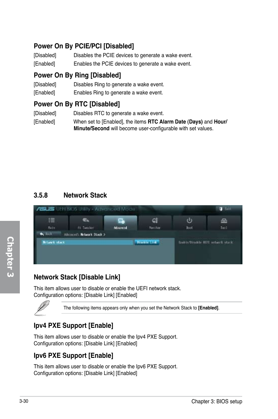 Chapter 3, 8 network stack network stack [disable link, Ipv4 pxe support [enable | Ipv6 pxe support [enable, Power on by pcie/pci [disabled, Power on by ring [disabled, Power on by rtc [disabled | Asus P8Z77 WS User Manual | Page 100 / 176