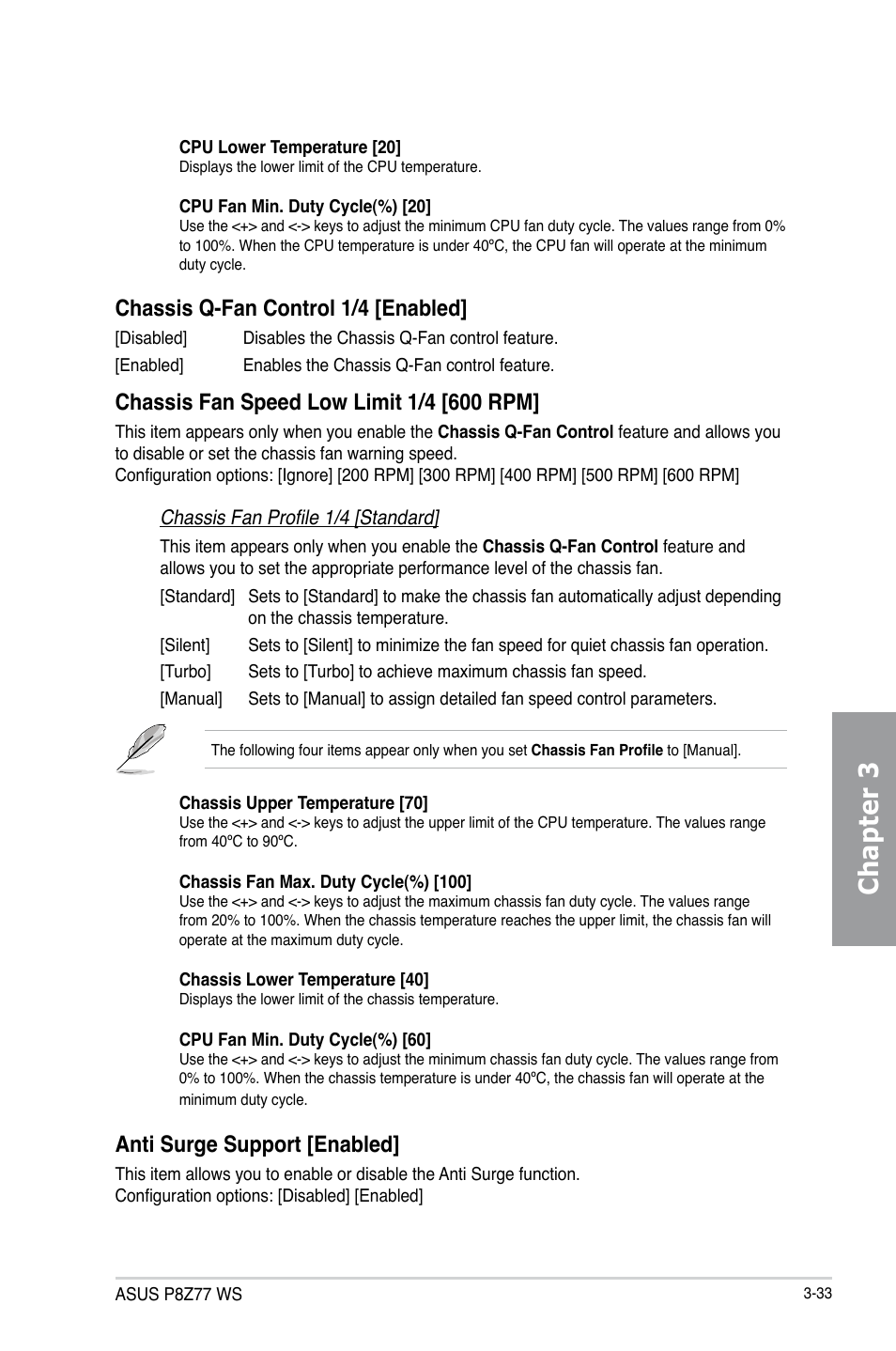 Chapter 3, Chassis q-fan control 1/4 [enabled, Anti surge support [enabled | Asus P8Z77 WS User Manual | Page 103 / 176