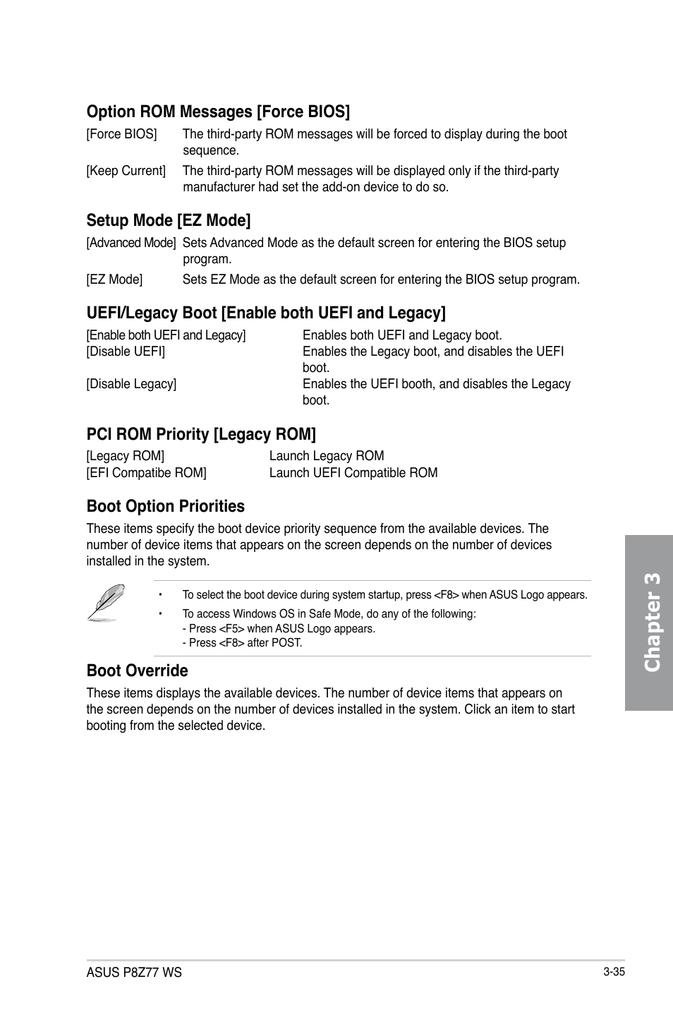 Chapter 3, Option rom messages [force bios, Setup mode [ez mode | Uefi/legacy boot [enable both uefi and legacy, Pci rom priority [legacy rom, Boot option priorities, Boot override | Asus P8Z77 WS User Manual | Page 105 / 176