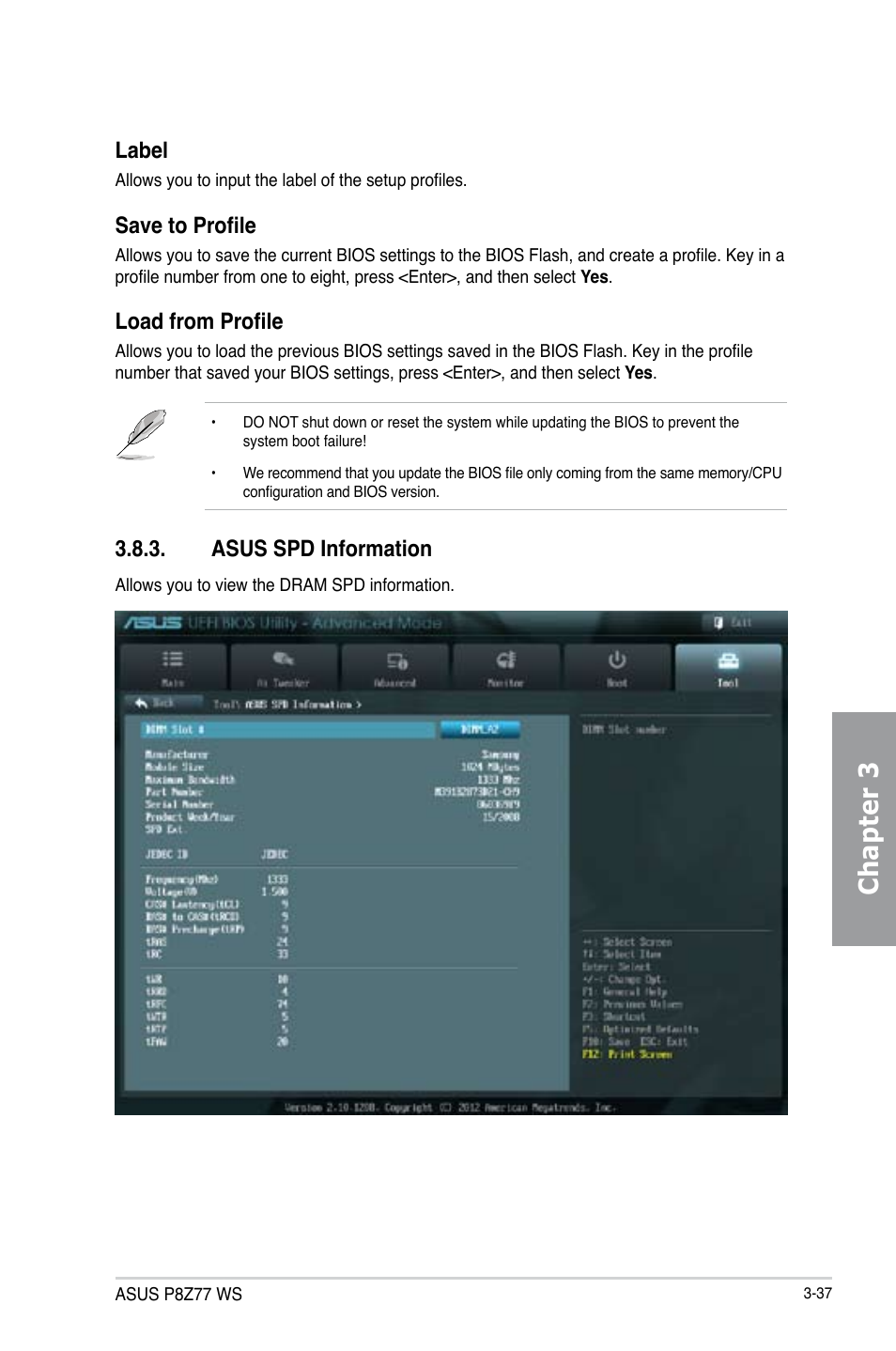 Chapter 3, Label, Save to profile | Load from profile, Asus spd information | Asus P8Z77 WS User Manual | Page 107 / 176