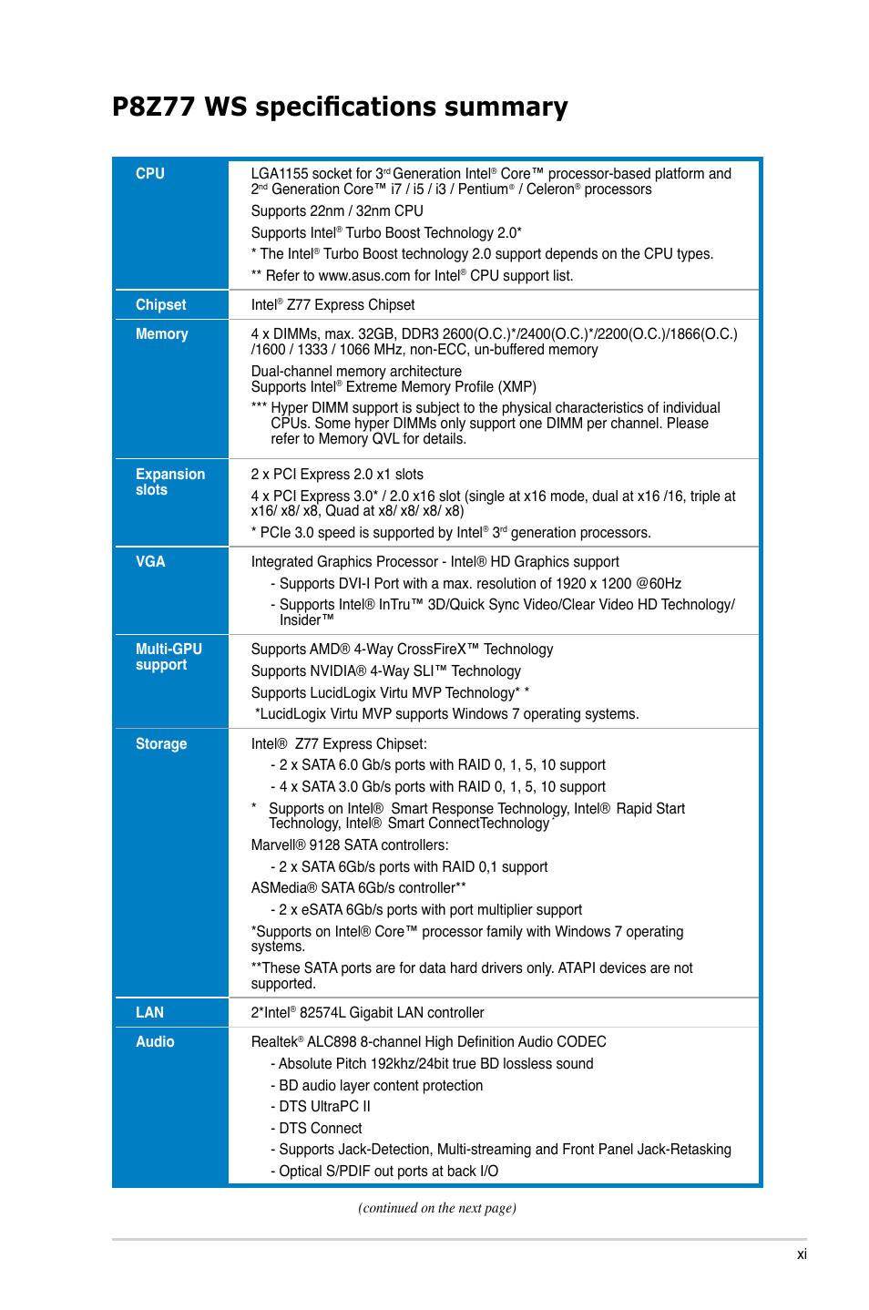 P8z77 ws specifications summary | Asus P8Z77 WS User Manual | Page 11 / 176