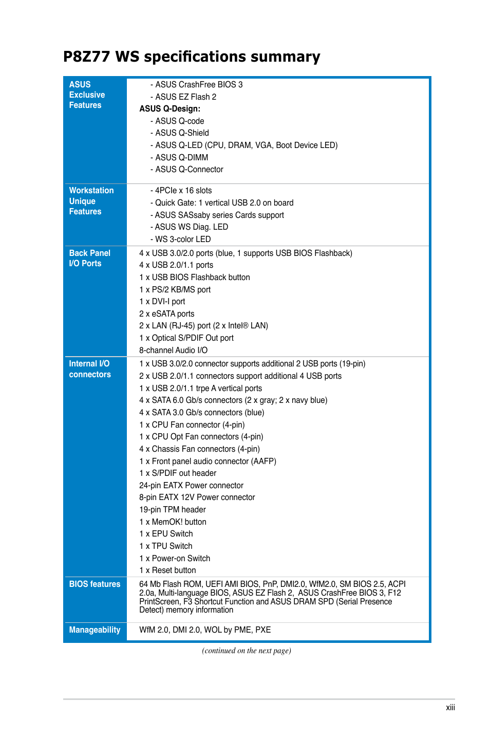 P8z77 ws specifications summary | Asus P8Z77 WS User Manual | Page 13 / 176