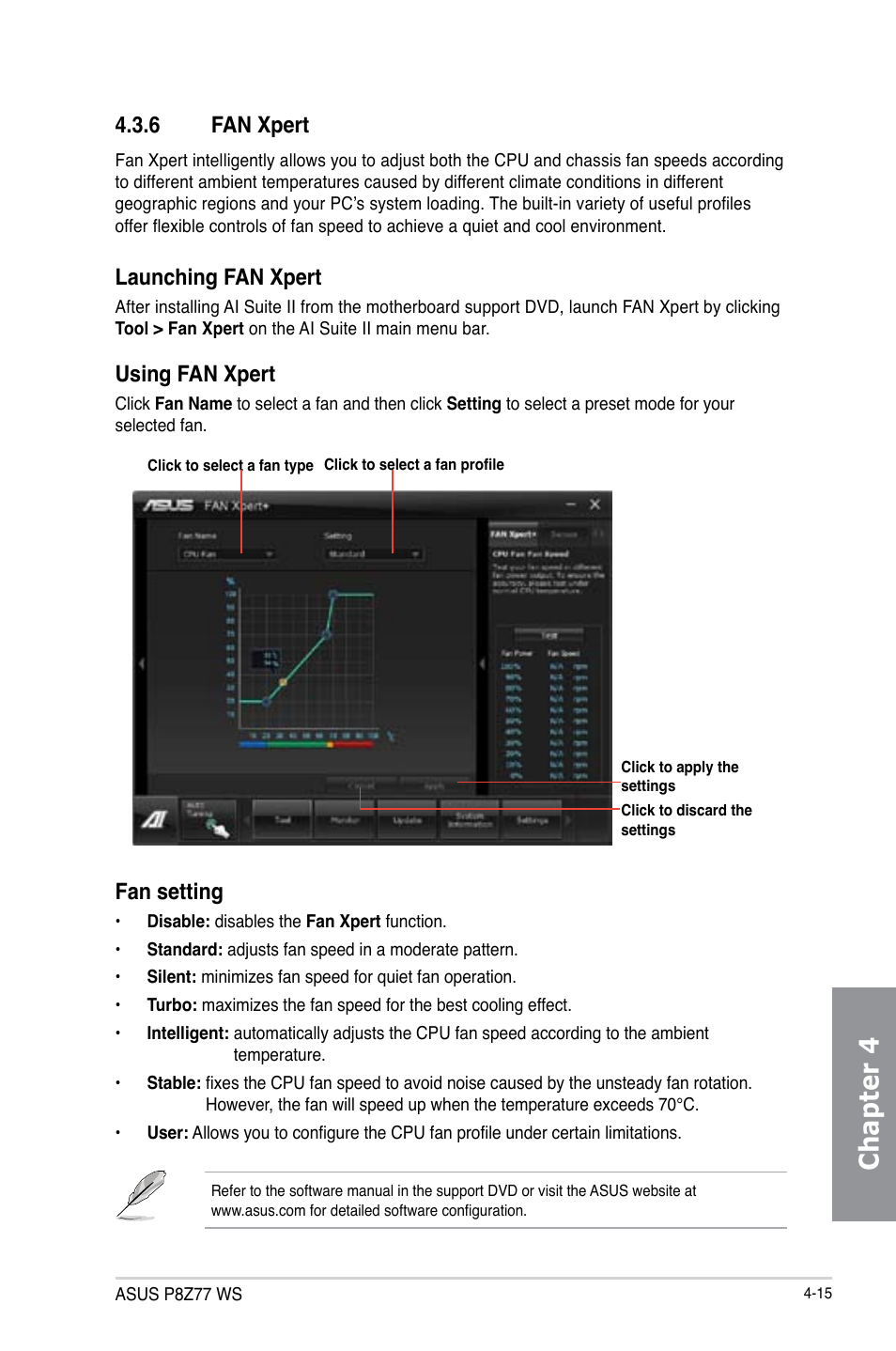 Chapter 4, 6 fan xpert, Launching fan xpert | Fan setting, Using fan xpert | Asus P8Z77 WS User Manual | Page 131 / 176