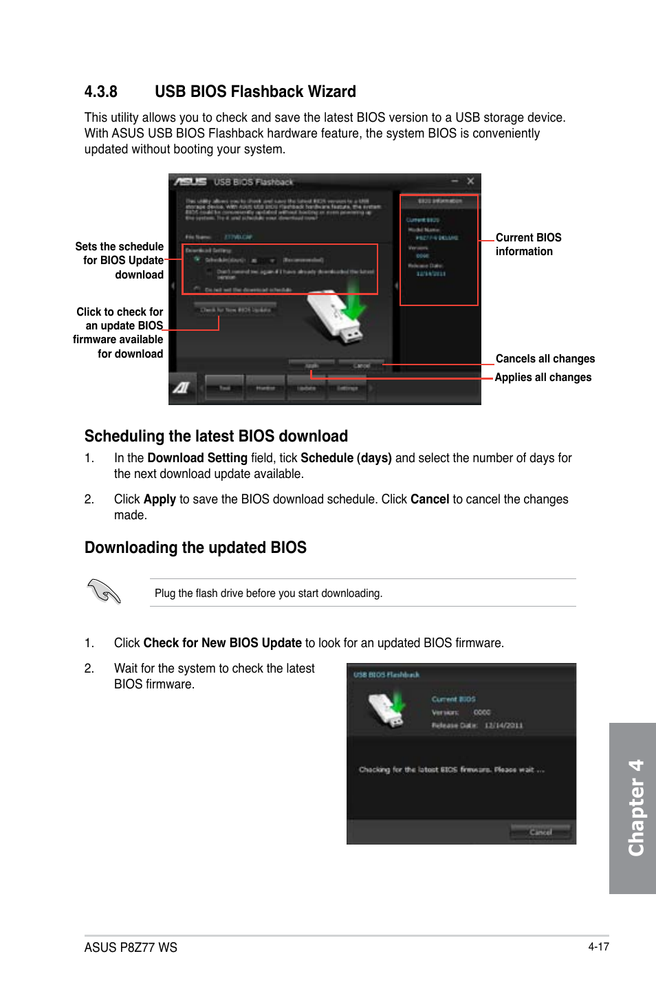 Chapter 4, 8 usb bios flashback wizard, Scheduling the latest bios download | Downloading the updated bios | Asus P8Z77 WS User Manual | Page 133 / 176