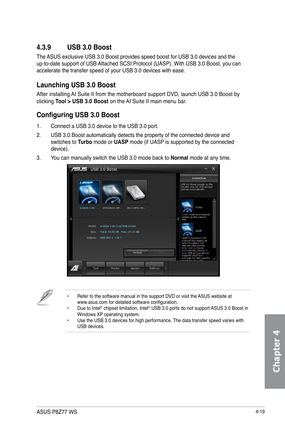 Chapter 4, 9 usb 3.0 boost, Launching usb 3.0 boost | Configuring usb 3.0 boost | Asus P8Z77 WS User Manual | Page 135 / 176