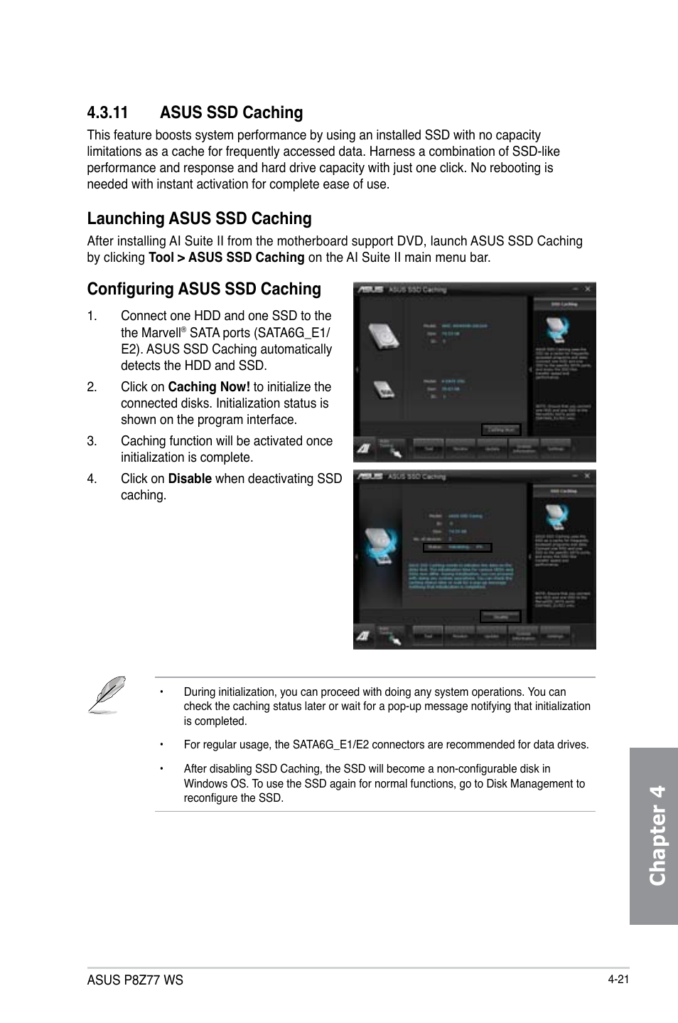 Chapter 4, 11 asus ssd caching, Launching asus ssd caching | Configuring asus ssd caching | Asus P8Z77 WS User Manual | Page 137 / 176