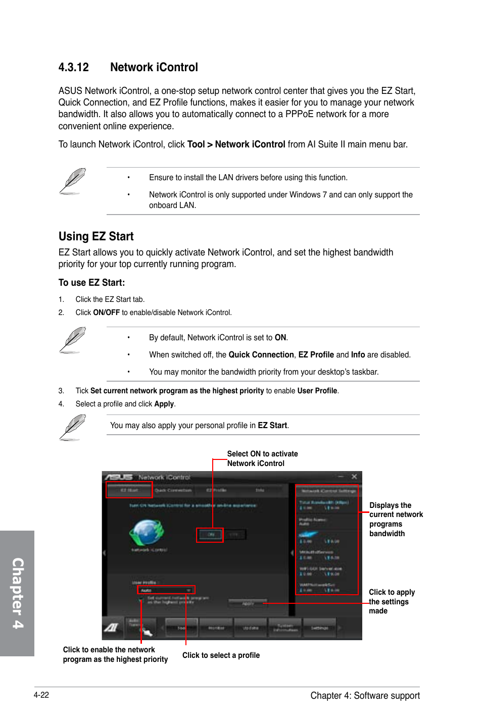 Chapter 4, 12 network icontrol, Using ez start | Asus P8Z77 WS User Manual | Page 138 / 176