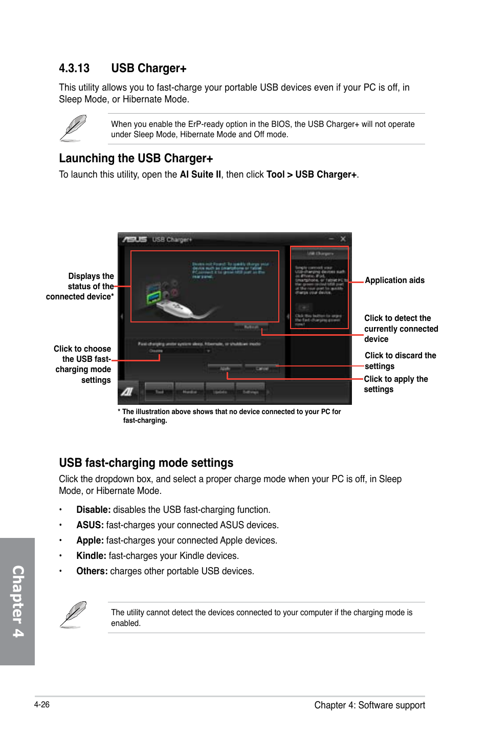 Chapter 4, 13 usb charger, Launching the usb charger | Usb fast-charging mode settings | Asus P8Z77 WS User Manual | Page 142 / 176