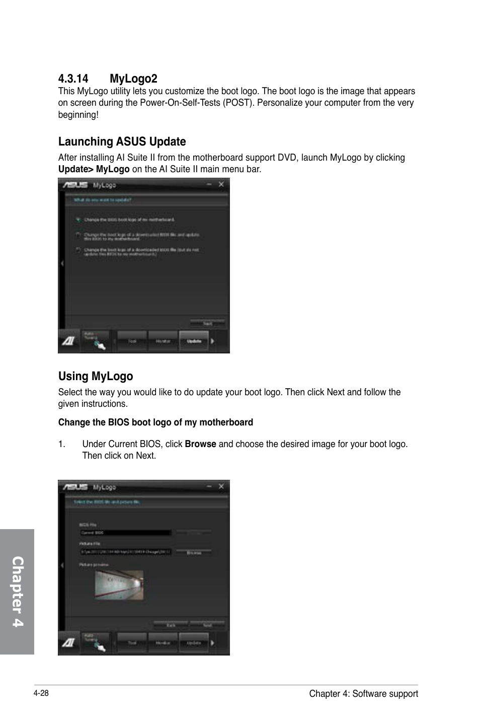 Chapter 4, 14 mylogo2, Launching asus update | Using mylogo | Asus P8Z77 WS User Manual | Page 144 / 176