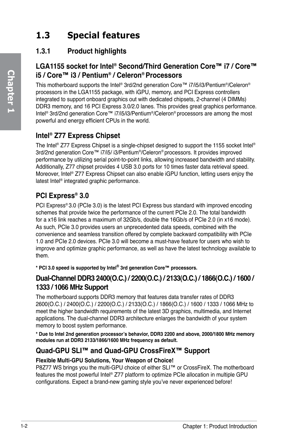 Chapter 1 1.3 special features, Celeron, Processors | Intel, Z77 express chipset, Pci express, Quad-gpu sli™ and quad-gpu crossfirex™ support | Asus P8Z77 WS User Manual | Page 16 / 176