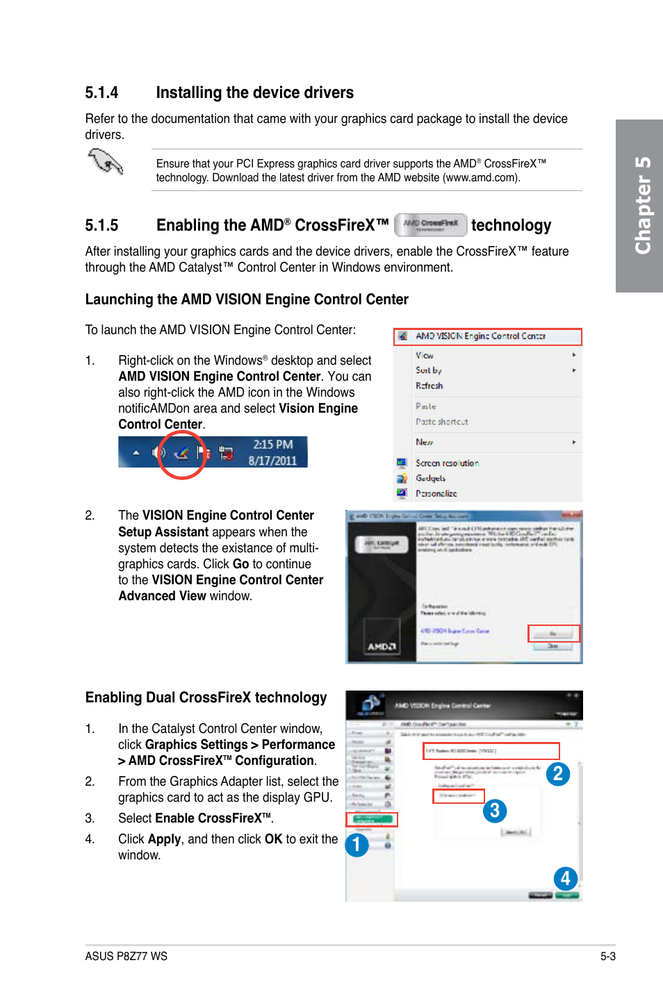 Chapter 5, 4 installing the device drivers, 5 enabling the amd | Crossfirex™ technology | Asus P8Z77 WS User Manual | Page 165 / 176