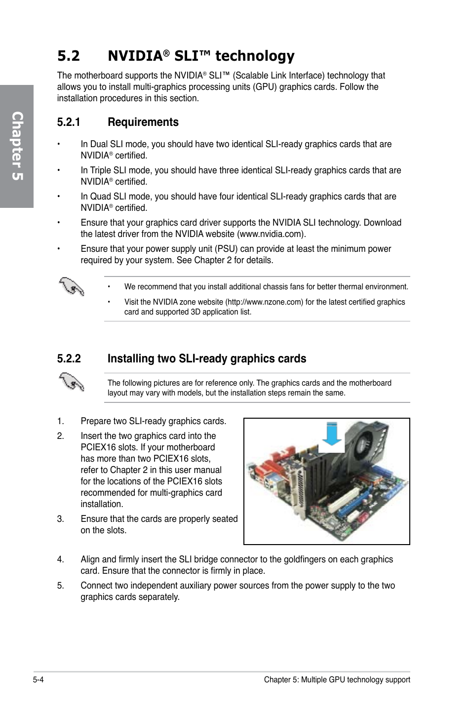 Chapter 5 5.2 nvidia, Sli™ technology, 1 requirements | 2 installing two sli-ready graphics cards | Asus P8Z77 WS User Manual | Page 166 / 176