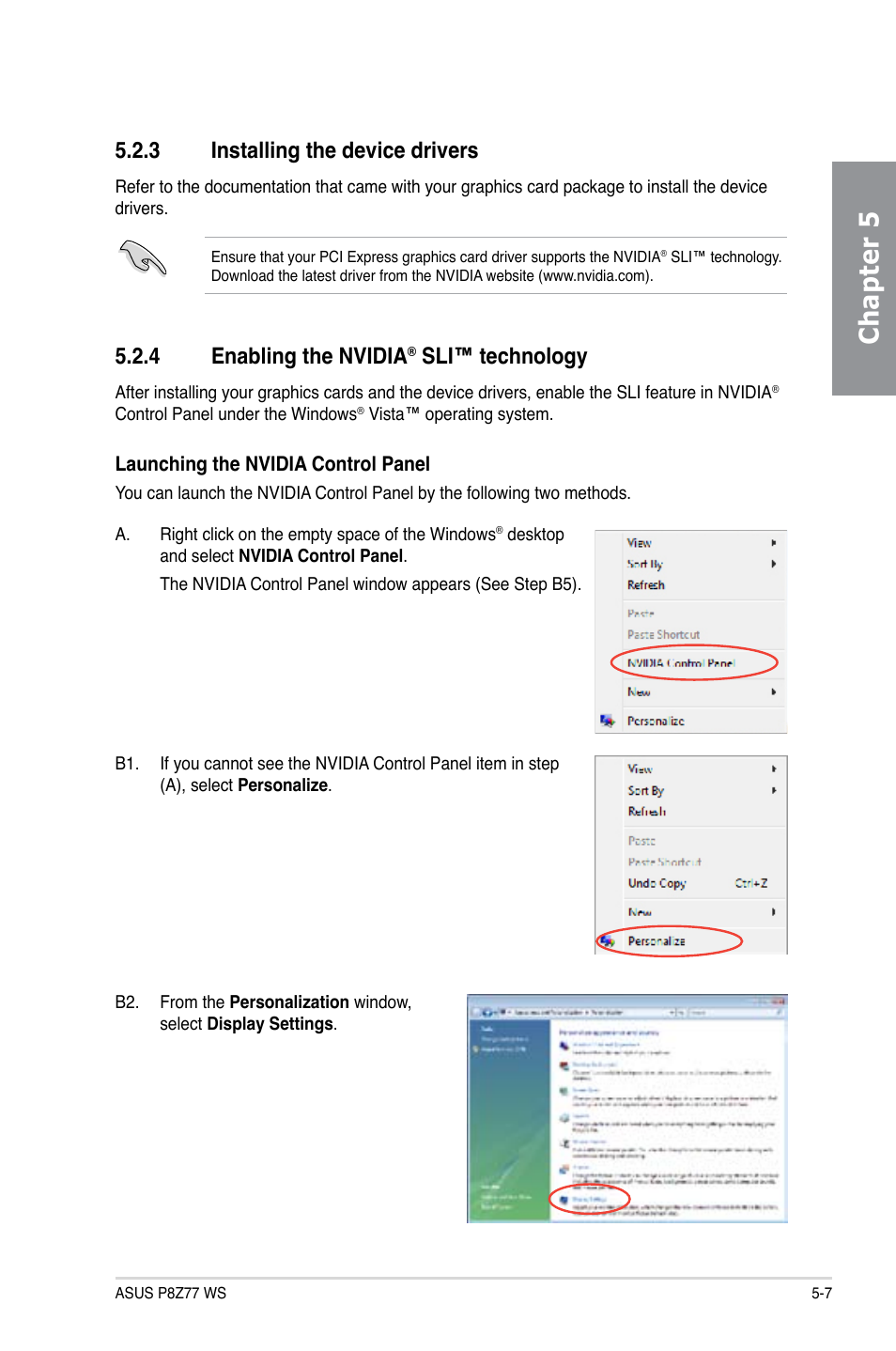 Chapter 5, 3 installing the device drivers, 4 enabling the nvidia | Sli™ technology | Asus P8Z77 WS User Manual | Page 169 / 176