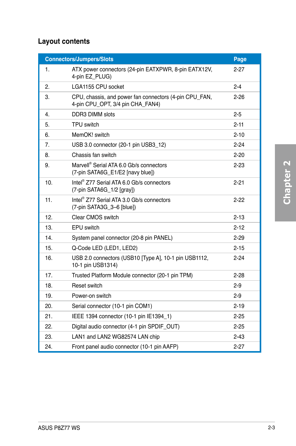 Chapter 2, Layout contents | Asus P8Z77 WS User Manual | Page 25 / 176