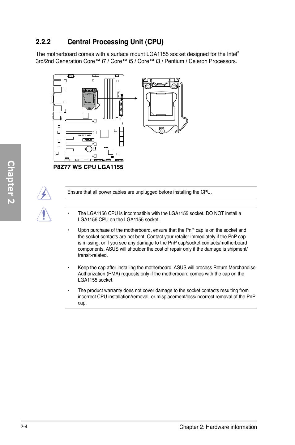 Chapter 2, 2 central processing unit (cpu) | Asus P8Z77 WS User Manual | Page 26 / 176