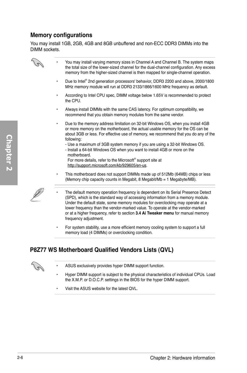 Chapter 2, P8z77 ws motherboard qualified vendors lists (qvl) | Asus P8Z77 WS User Manual | Page 28 / 176