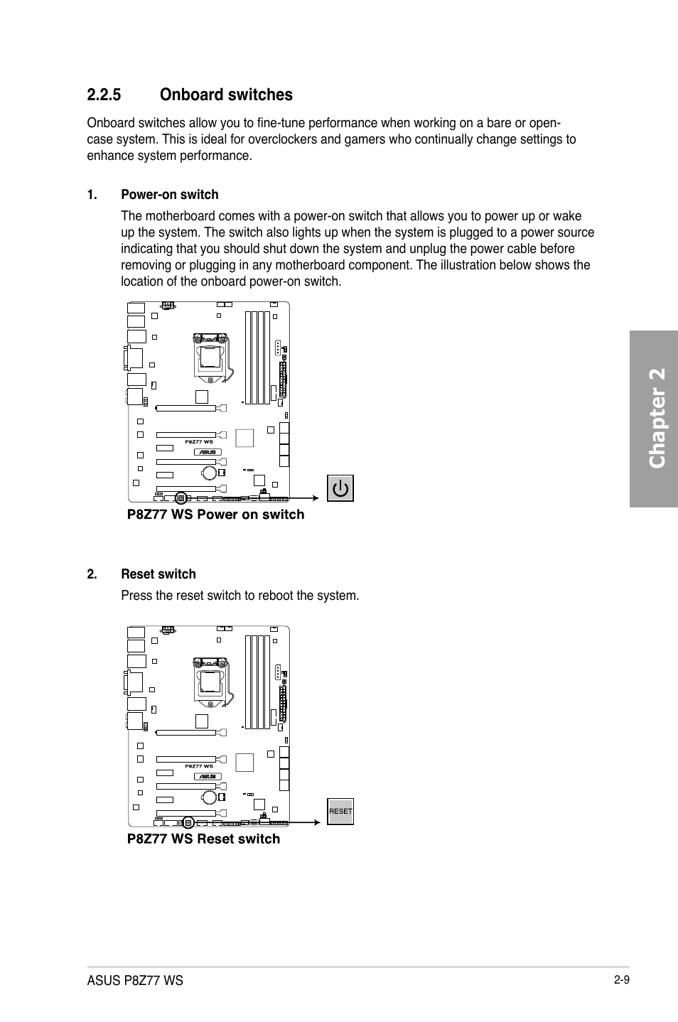 Chapter 2, 5 onboard switches | Asus P8Z77 WS User Manual | Page 31 / 176