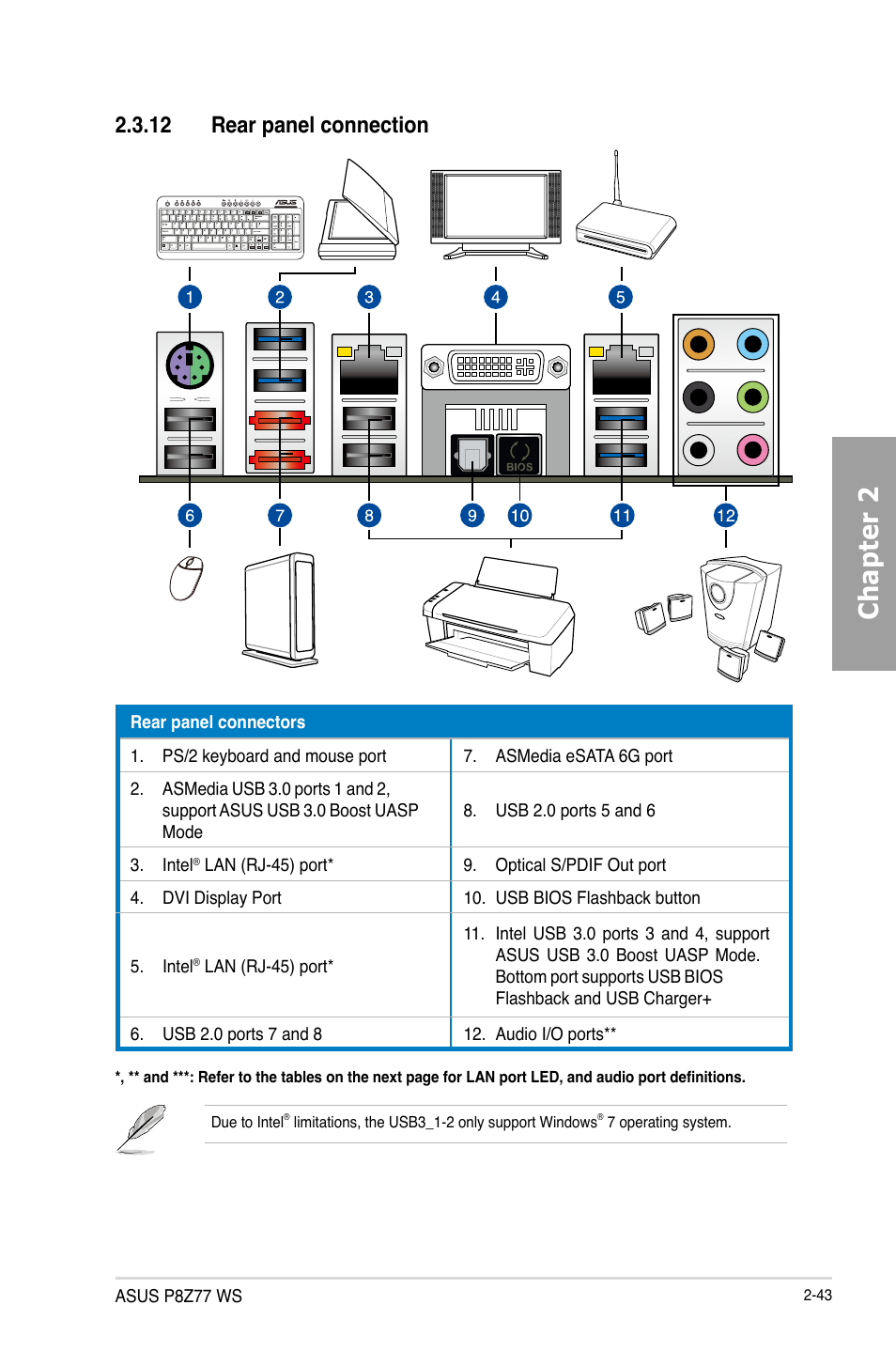 Chapter 2, 12 rear panel connection | Asus P8Z77 WS User Manual | Page 65 / 176