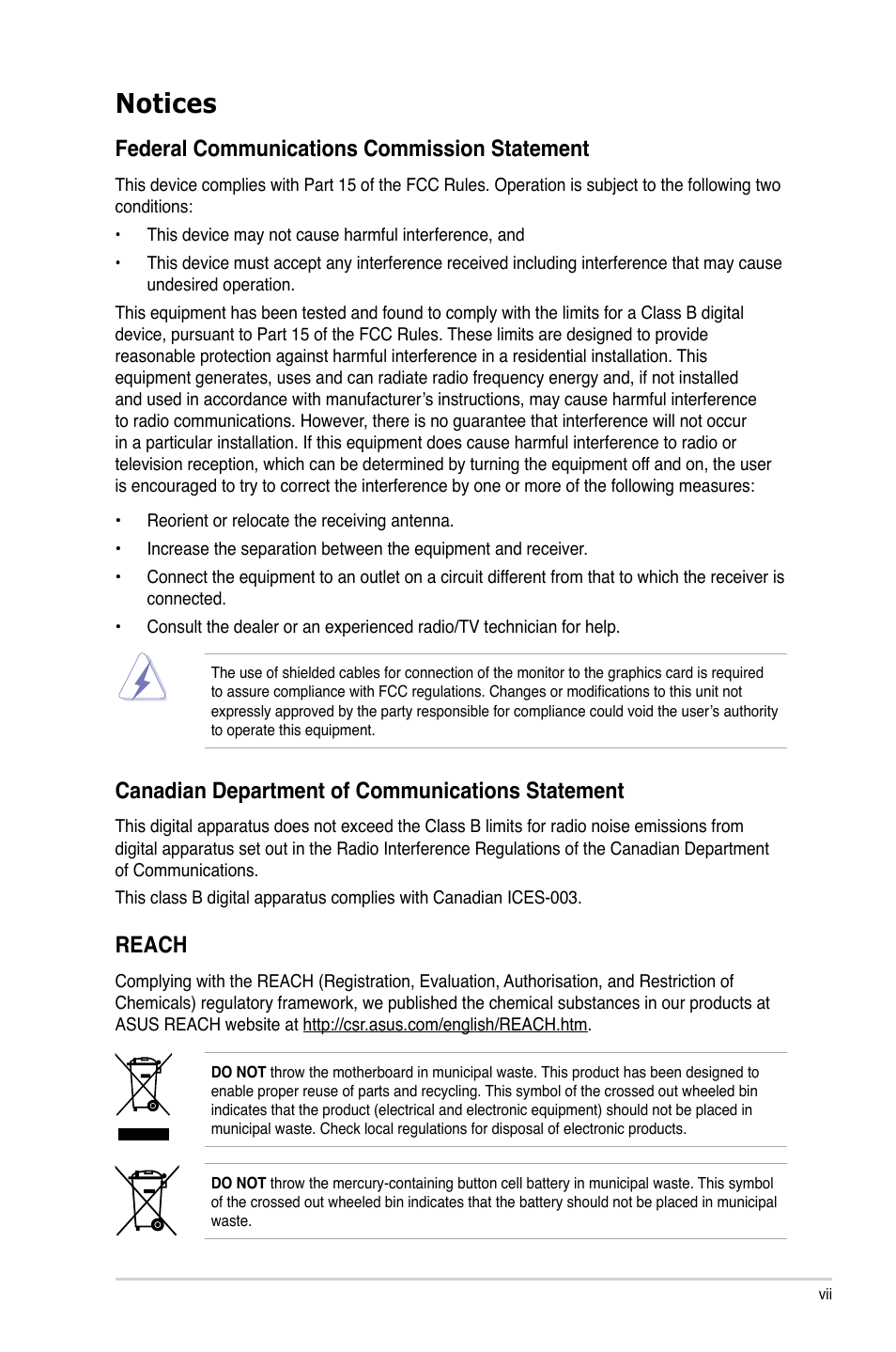 Notices, Federal communications commission statement, Canadian department of communications statement | Reach | Asus P8Z77 WS User Manual | Page 7 / 176