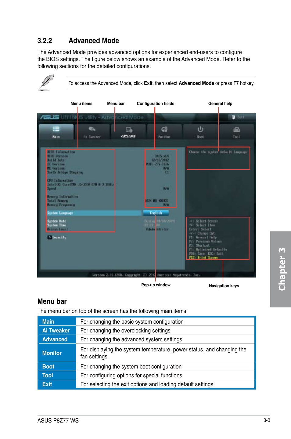 Chapter 3, 2 advanced mode, Menu bar | Asus P8Z77 WS User Manual | Page 73 / 176
