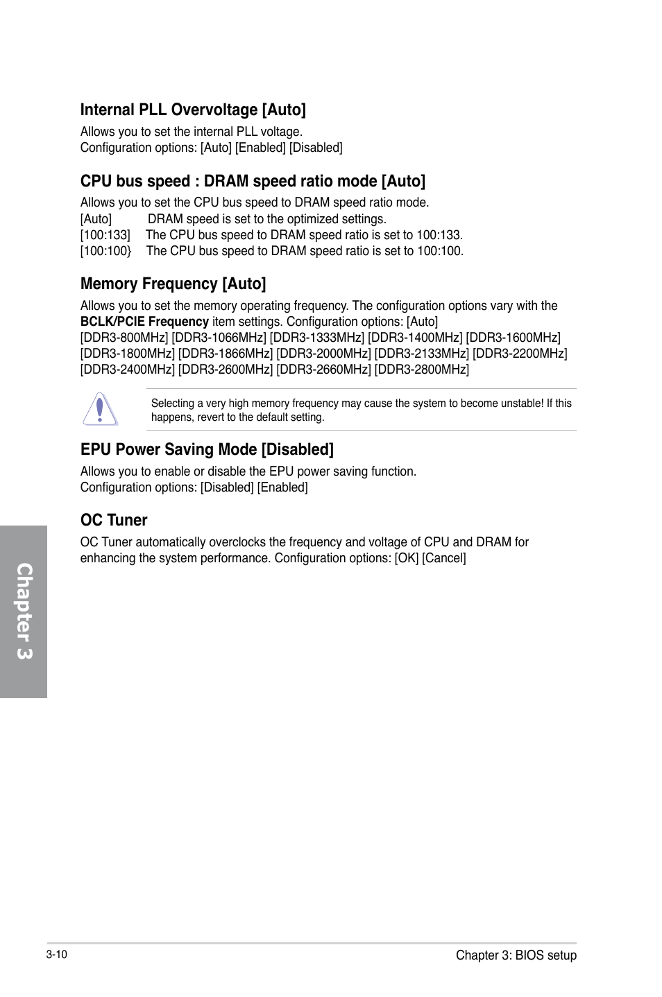 Chapter 3, Internal pll overvoltage [auto, Cpu bus speed : dram speed ratio mode [auto | Epu power saving mode [disabled, Oc tuner | Asus P8Z77 WS User Manual | Page 80 / 176