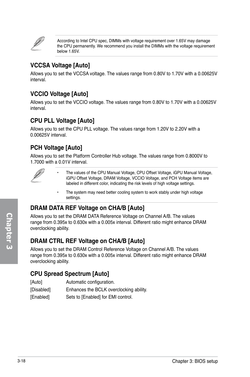 Chapter 3, Vccsa voltage [auto, Vccio voltage [auto | Cpu pll voltage [auto, Pch voltage [auto, Dram data ref voltage on cha/b [auto, Dram ctrl ref voltage on cha/b [auto, Cpu spread spectrum [auto | Asus P8Z77 WS User Manual | Page 88 / 176