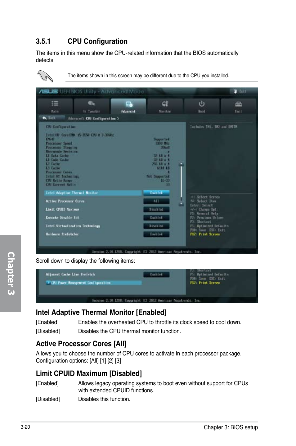 Chapter 3, 1 cpu configuration, Intel adaptive thermal monitor [enabled | Active processor cores [all, Limit cpuid maximum [disabled | Asus P8Z77 WS User Manual | Page 90 / 176