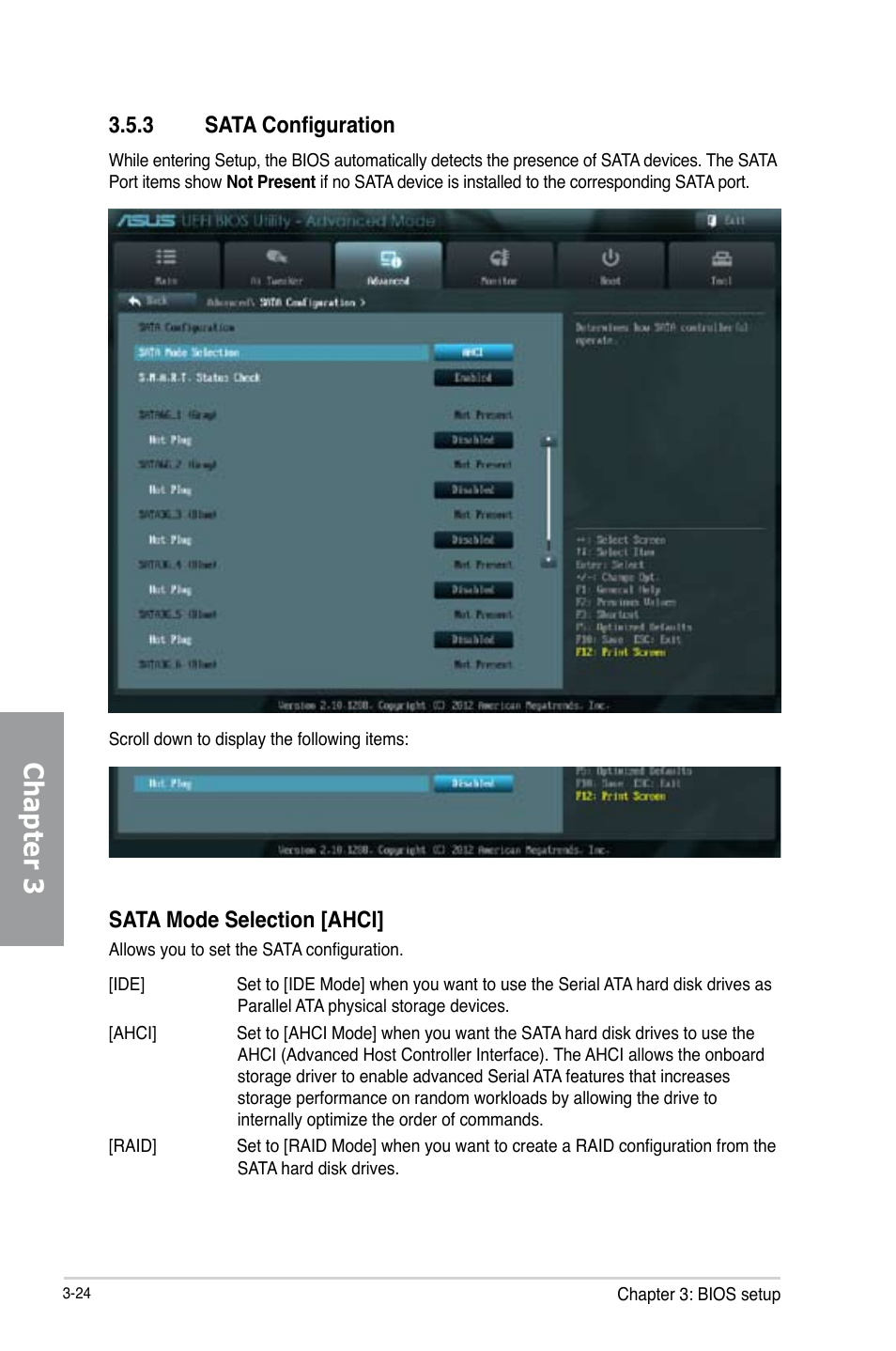 Chapter 3, 3 sata configuration, Sata mode selection [ahci | Asus P8Z77 WS User Manual | Page 94 / 176