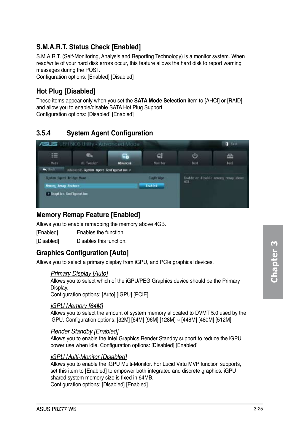 Chapter 3, Graphics configuration [auto, S.m.a.r.t. status check [enabled | Hot plug [disabled | Asus P8Z77 WS User Manual | Page 95 / 176