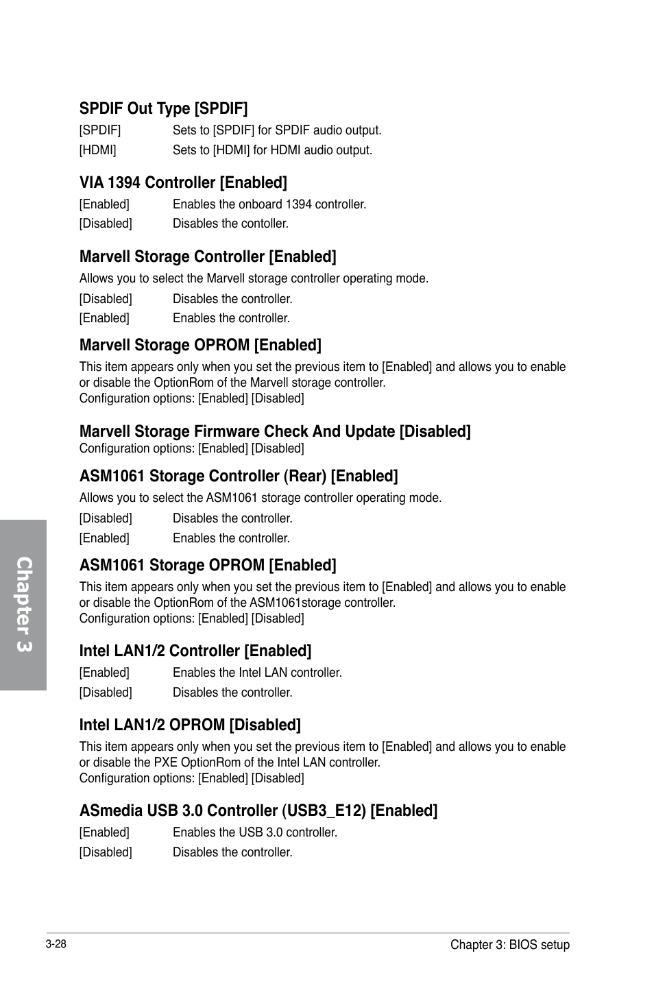 Chapter 3, Spdif out type [spdif, Via 1394 controller [enabled | Marvell storage controller [enabled, Marvell storage oprom [enabled, Asm1061 storage controller (rear) [enabled, Asm1061 storage oprom [enabled, Intel lan1/2 controller [enabled, Intel lan1/2 oprom [disabled | Asus P8Z77 WS User Manual | Page 98 / 176