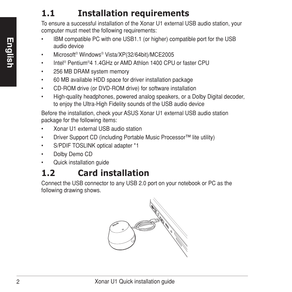 English, 1 installation requirements, 2 card installation | Asus Xonar U1 User Manual | Page 2 / 8