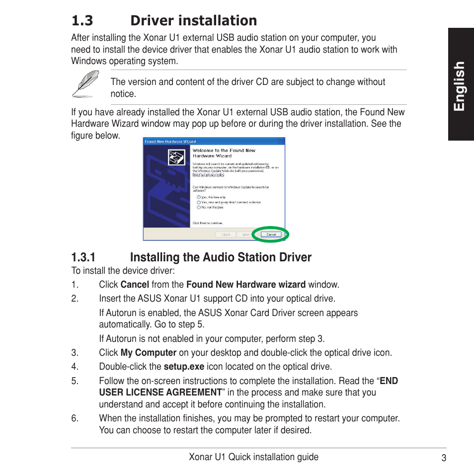 English, 3 driver installation, 1 installing the audio station driver | Asus Xonar U1 User Manual | Page 3 / 8