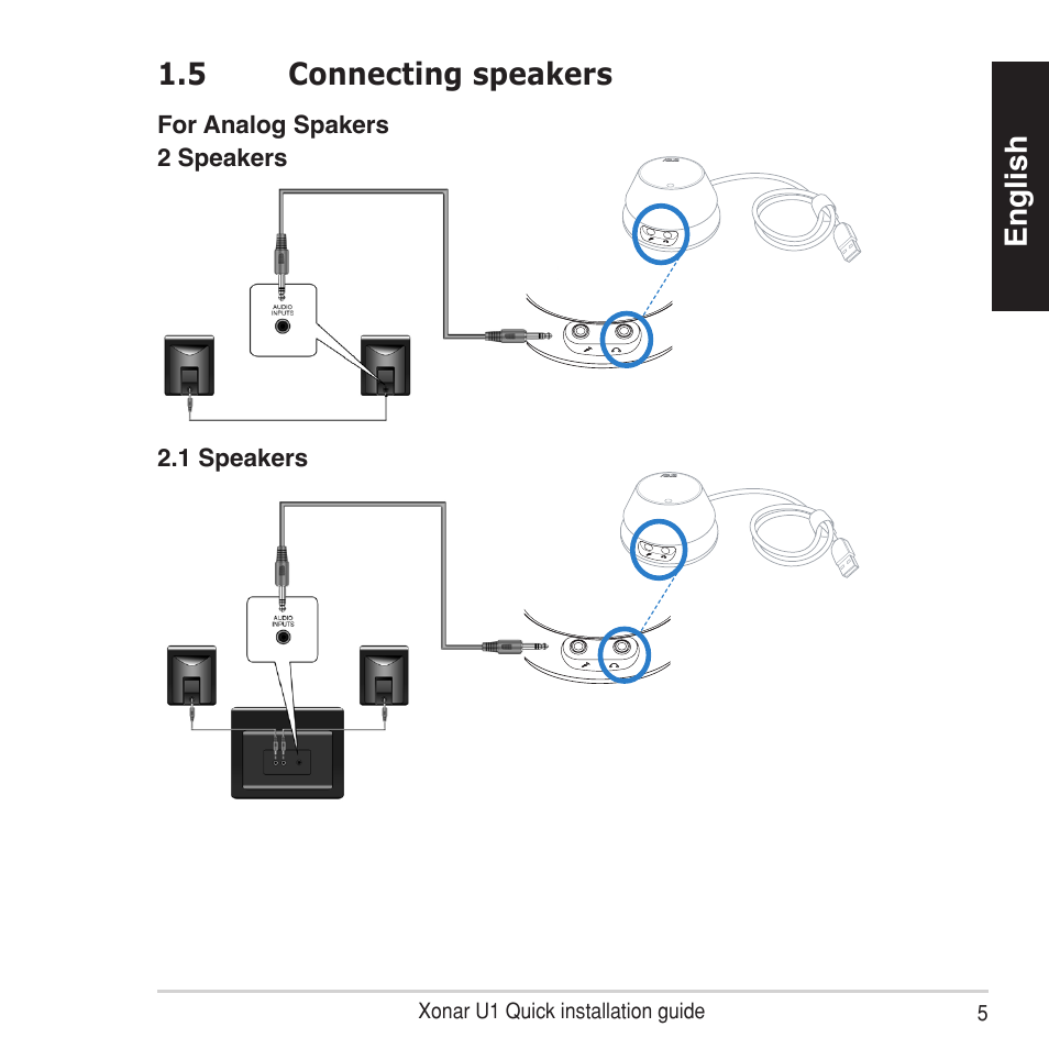 English, 5 connecting speakers | Asus Xonar U1 User Manual | Page 5 / 8