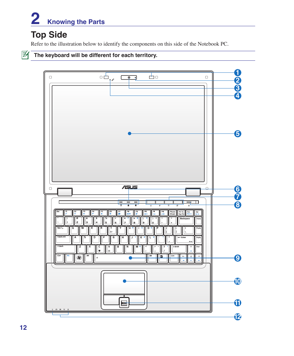 Top side | Asus B80A User Manual | Page 12 / 88