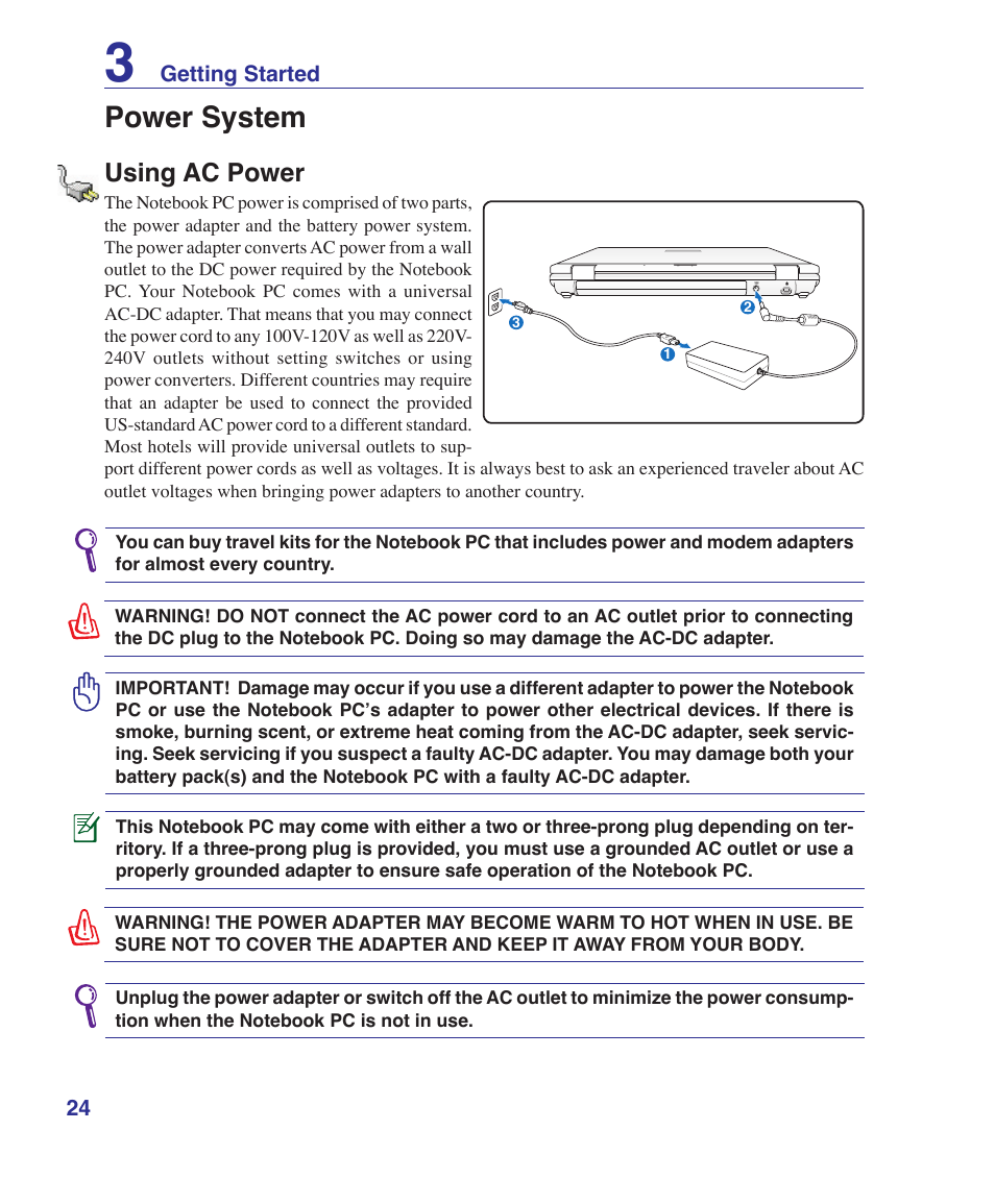 Power system, Using ac power | Asus B80A User Manual | Page 24 / 88