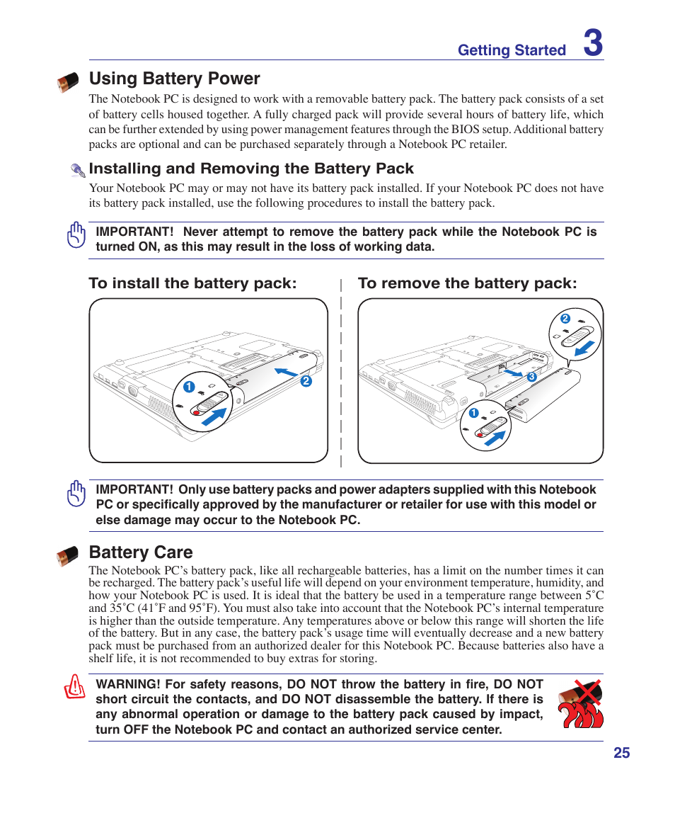 Using battery power, Battery care | Asus B80A User Manual | Page 25 / 88