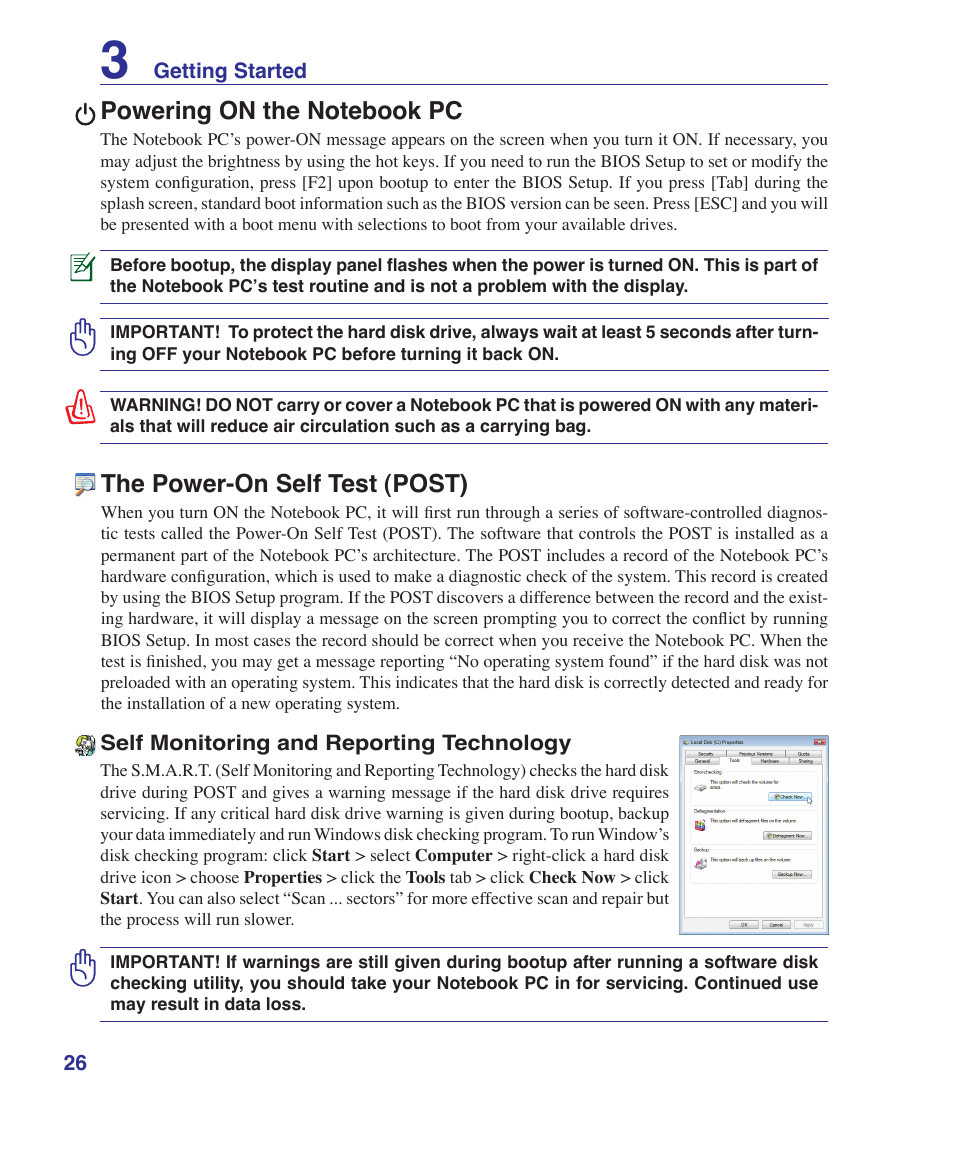 Powering on the notebook pc, The power-on self test (post) | Asus B80A User Manual | Page 26 / 88