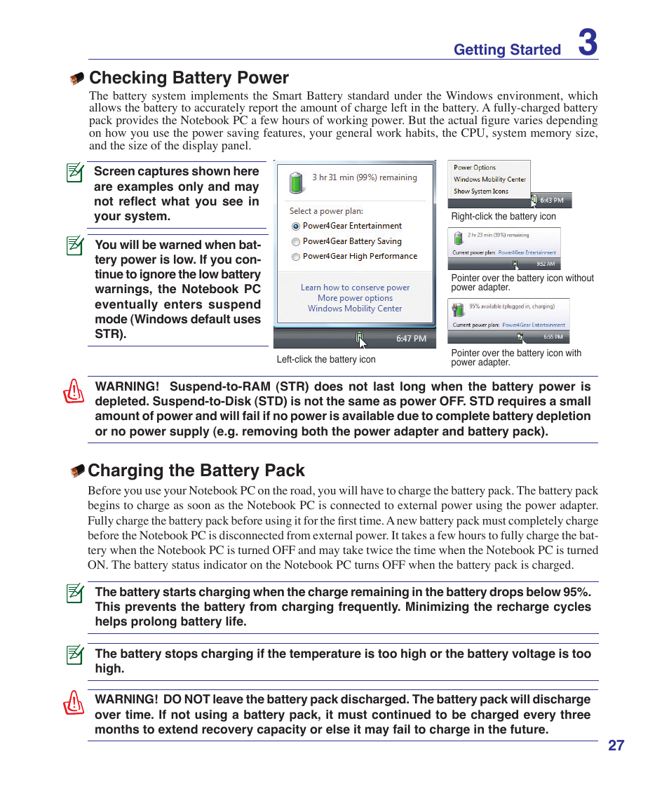 Checking battery power, Charging the battery pack | Asus B80A User Manual | Page 27 / 88