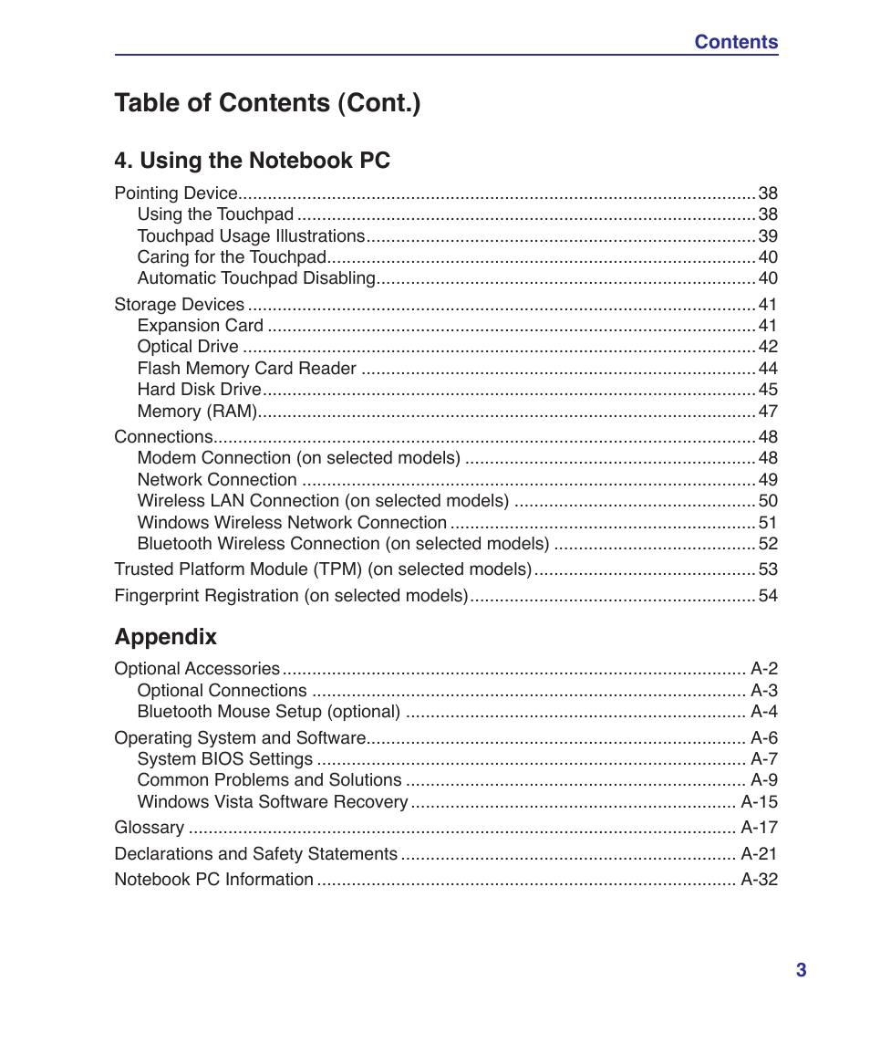 Table of contents (cont.), Appendix | Asus B80A User Manual | Page 3 / 88