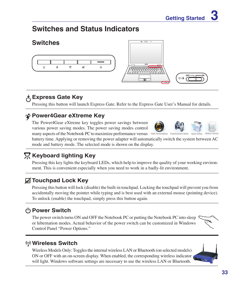 Switches and status indicators, Switches | Asus B80A User Manual | Page 33 / 88