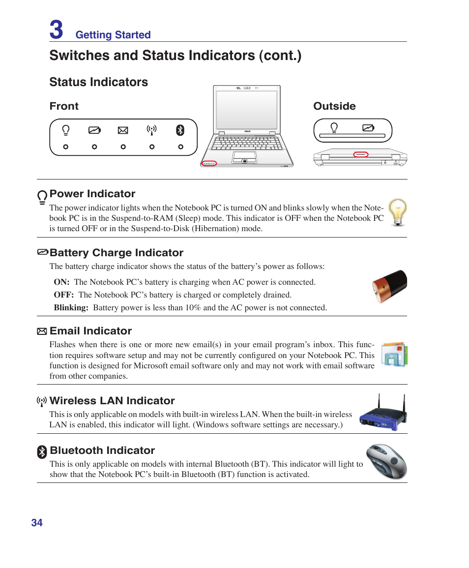 Status indicators, Switches and status indicators (cont.) | Asus B80A User Manual | Page 34 / 88