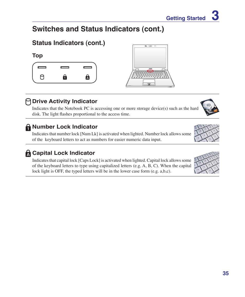 Switches and status indicators (cont.) | Asus B80A User Manual | Page 35 / 88