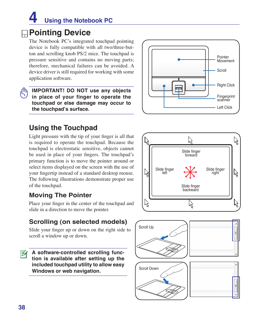 Pointing device, Using the touchpad, Moving the pointer | Scrolling (on selected models) | Asus B80A User Manual | Page 38 / 88