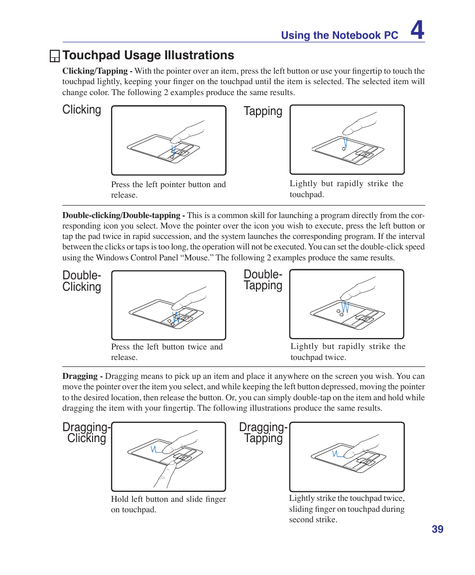 Touchpad usage illustrations, Dragging- clicking dragging- tapping | Asus B80A User Manual | Page 39 / 88