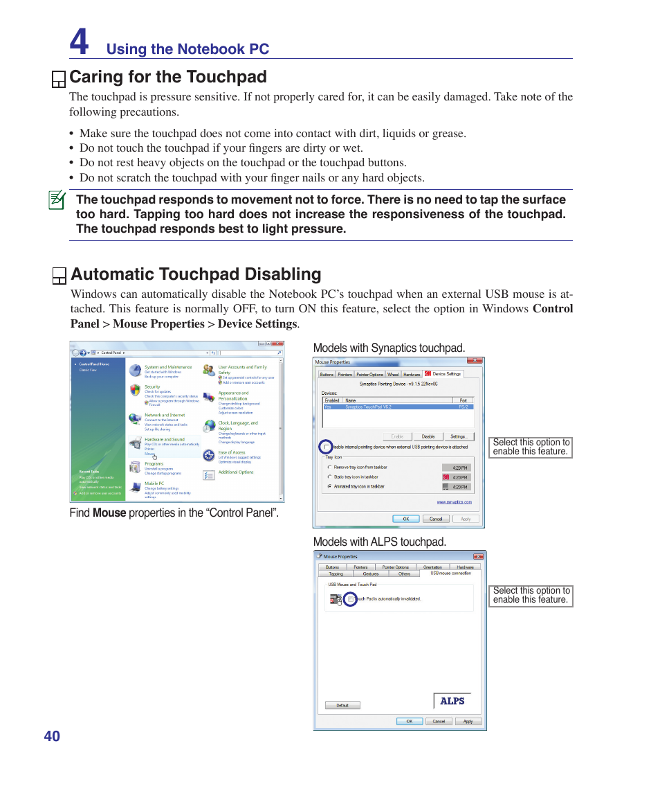 Caring for the touchpad, Automatic touchpad disabling | Asus B80A User Manual | Page 40 / 88
