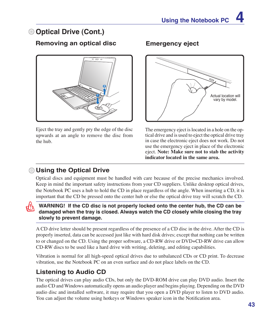 Optical drive (cont.) | Asus B80A User Manual | Page 43 / 88